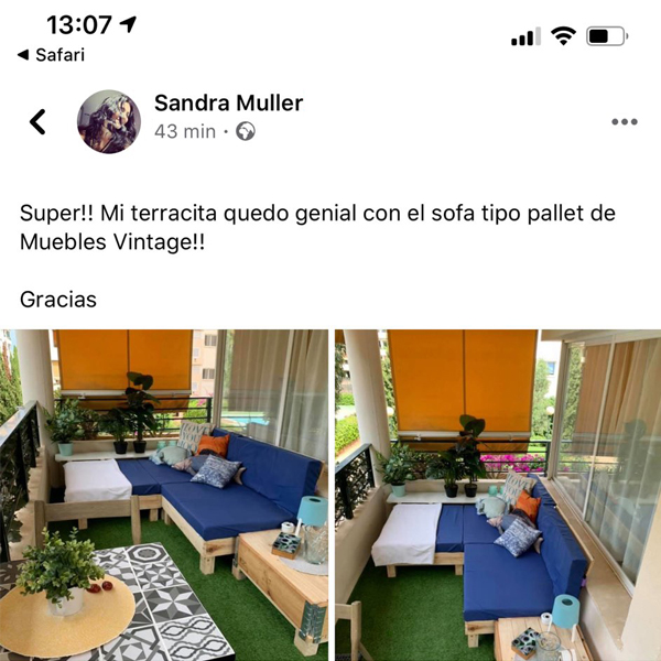 Nos emociona ver cómo los clientes hacen realidad sus deseos con nuestros muebles de madera de palets, e incluso nos los muestran en sus redes sociales. En esta ocasión se trata de una fantástica composición de terraza formada por 2 sofás de 80 x 100 cm con respaldo, y completada con un pouf de 80 x 100 cm formando conjunto, con lo que se forma un enorme sofá donde pasar buenos ratos y disfrutar de este espacio personal al aire libre en el hogar.  

